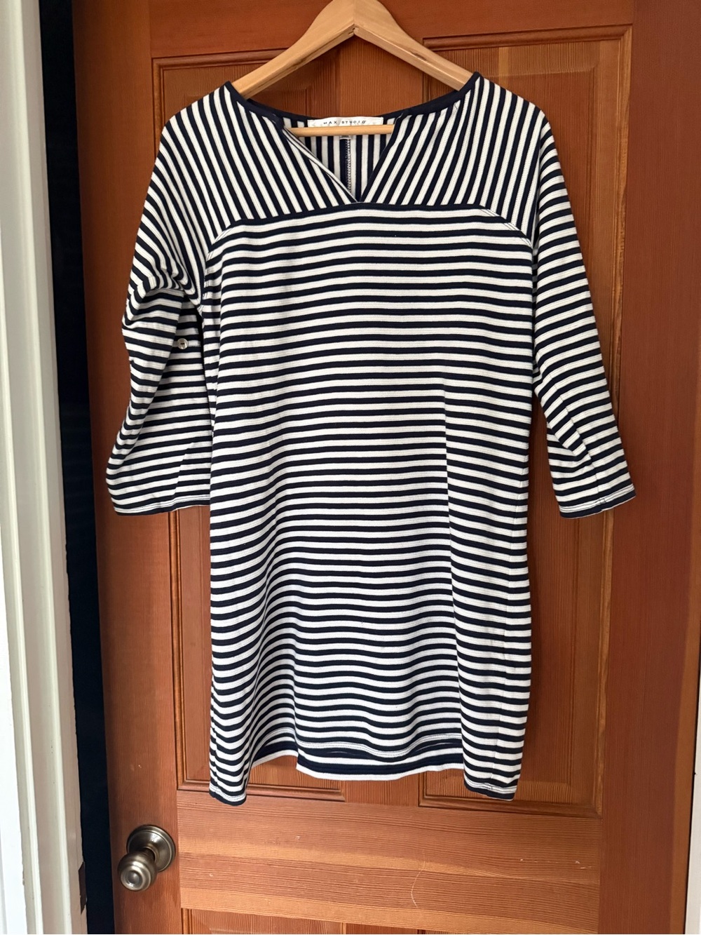 Max Studio Navy & White Striped Knit Top with V-Notch